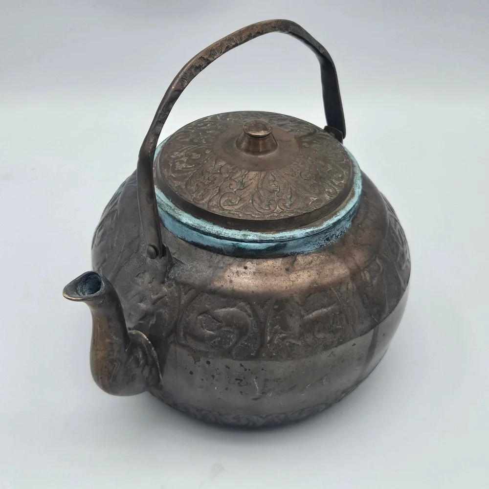 Vintage Chinese Bronze Zodiac Signs Teapot Decorative Embossed Verdigris Patina